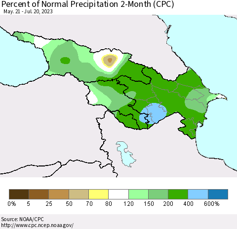 Azerbaijan, Armenia and Georgia Percent of Normal Precipitation 2-Month (CPC) Thematic Map For 5/21/2023 - 7/20/2023
