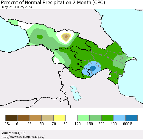 Azerbaijan, Armenia and Georgia Percent of Normal Precipitation 2-Month (CPC) Thematic Map For 5/26/2023 - 7/25/2023