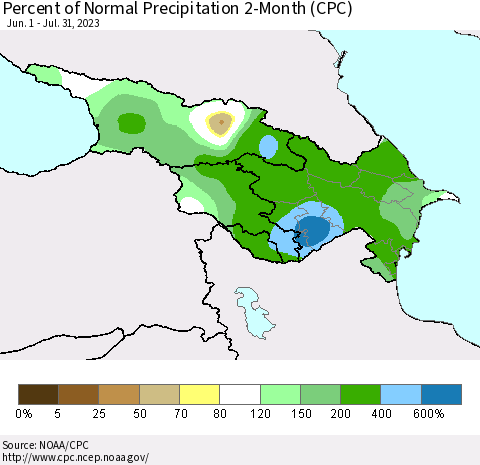 Azerbaijan, Armenia and Georgia Percent of Normal Precipitation 2-Month (CPC) Thematic Map For 6/1/2023 - 7/31/2023