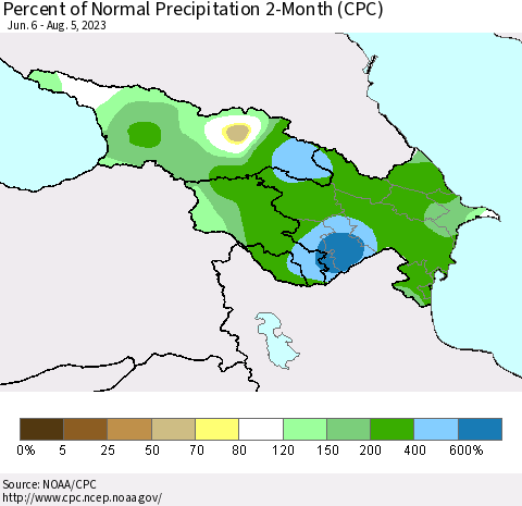 Azerbaijan, Armenia and Georgia Percent of Normal Precipitation 2-Month (CPC) Thematic Map For 6/6/2023 - 8/5/2023
