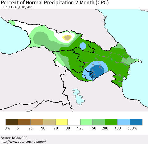 Azerbaijan, Armenia and Georgia Percent of Normal Precipitation 2-Month (CPC) Thematic Map For 6/11/2023 - 8/10/2023