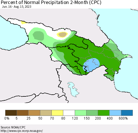 Azerbaijan, Armenia and Georgia Percent of Normal Precipitation 2-Month (CPC) Thematic Map For 6/16/2023 - 8/15/2023