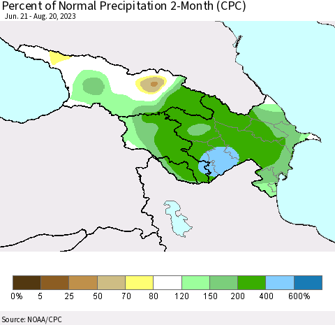Azerbaijan, Armenia and Georgia Percent of Normal Precipitation 2-Month (CPC) Thematic Map For 6/21/2023 - 8/20/2023