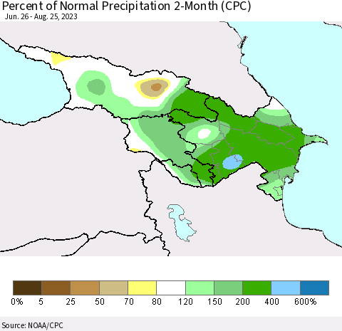 Azerbaijan, Armenia and Georgia Percent of Normal Precipitation 2-Month (CPC) Thematic Map For 6/26/2023 - 8/25/2023