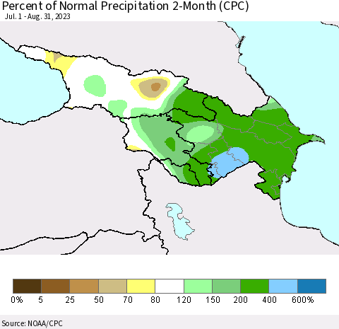Azerbaijan, Armenia and Georgia Percent of Normal Precipitation 2-Month (CPC) Thematic Map For 7/1/2023 - 8/31/2023