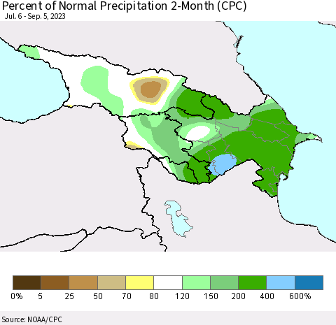 Azerbaijan, Armenia and Georgia Percent of Normal Precipitation 2-Month (CPC) Thematic Map For 7/6/2023 - 9/5/2023