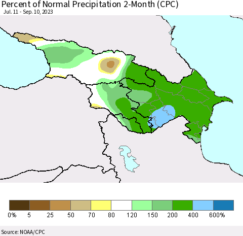 Azerbaijan, Armenia and Georgia Percent of Normal Precipitation 2-Month (CPC) Thematic Map For 7/11/2023 - 9/10/2023