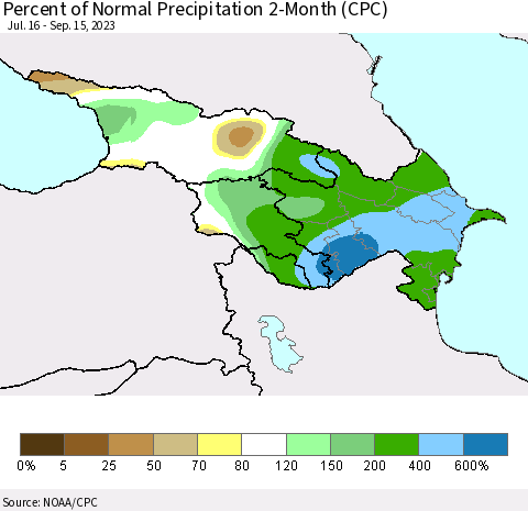 Azerbaijan, Armenia and Georgia Percent of Normal Precipitation 2-Month (CPC) Thematic Map For 7/16/2023 - 9/15/2023