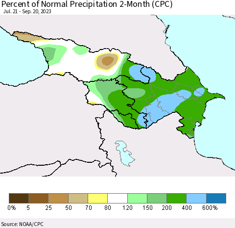 Azerbaijan, Armenia and Georgia Percent of Normal Precipitation 2-Month (CPC) Thematic Map For 7/21/2023 - 9/20/2023