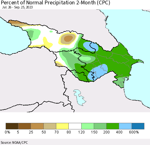 Azerbaijan, Armenia and Georgia Percent of Normal Precipitation 2-Month (CPC) Thematic Map For 7/26/2023 - 9/25/2023