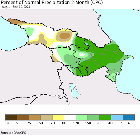 Azerbaijan, Armenia and Georgia Percent of Normal Precipitation 2-Month (CPC) Thematic Map For 8/1/2023 - 9/30/2023