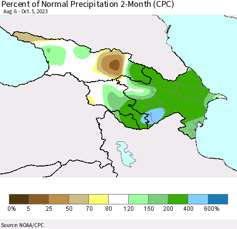Azerbaijan, Armenia and Georgia Percent of Normal Precipitation 2-Month (CPC) Thematic Map For 8/6/2023 - 10/5/2023