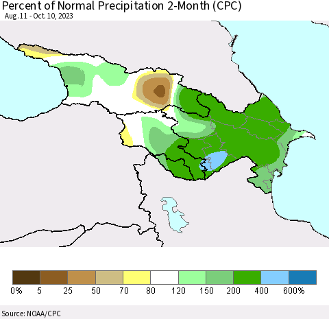 Azerbaijan, Armenia and Georgia Percent of Normal Precipitation 2-Month (CPC) Thematic Map For 8/11/2023 - 10/10/2023