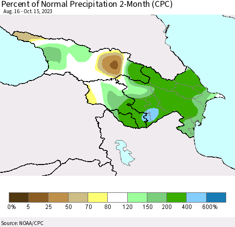 Azerbaijan, Armenia and Georgia Percent of Normal Precipitation 2-Month (CPC) Thematic Map For 8/16/2023 - 10/15/2023