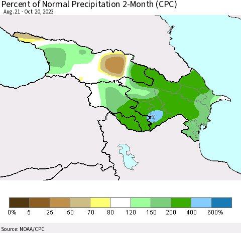 Azerbaijan, Armenia and Georgia Percent of Normal Precipitation 2-Month (CPC) Thematic Map For 8/21/2023 - 10/20/2023