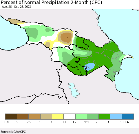Azerbaijan, Armenia and Georgia Percent of Normal Precipitation 2-Month (CPC) Thematic Map For 8/26/2023 - 10/25/2023