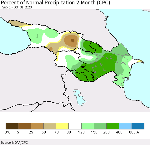 Azerbaijan, Armenia and Georgia Percent of Normal Precipitation 2-Month (CPC) Thematic Map For 9/1/2023 - 10/31/2023