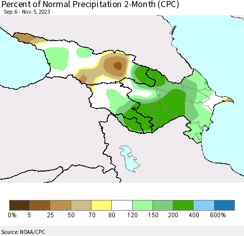 Azerbaijan, Armenia and Georgia Percent of Normal Precipitation 2-Month (CPC) Thematic Map For 9/6/2023 - 11/5/2023
