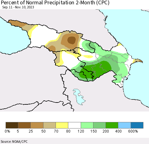 Azerbaijan, Armenia and Georgia Percent of Normal Precipitation 2-Month (CPC) Thematic Map For 9/11/2023 - 11/10/2023