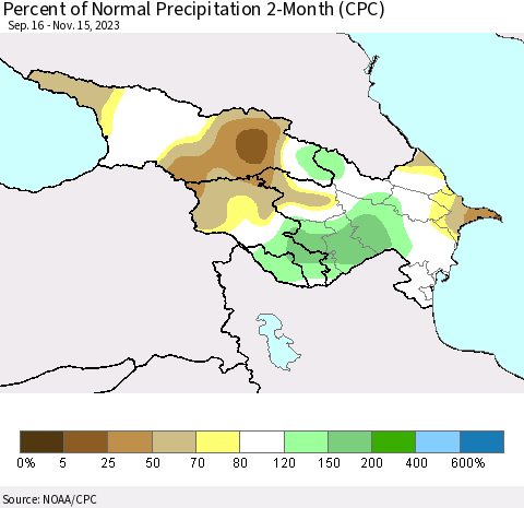 Azerbaijan, Armenia and Georgia Percent of Normal Precipitation 2-Month (CPC) Thematic Map For 9/16/2023 - 11/15/2023