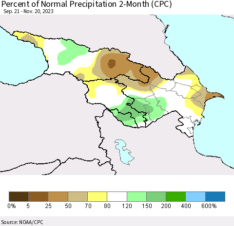 Azerbaijan, Armenia and Georgia Percent of Normal Precipitation 2-Month (CPC) Thematic Map For 9/21/2023 - 11/20/2023