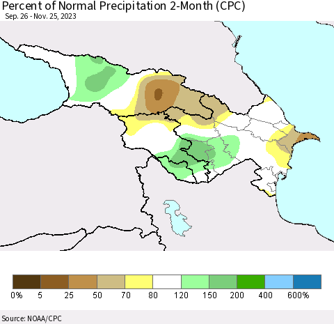 Azerbaijan, Armenia and Georgia Percent of Normal Precipitation 2-Month (CPC) Thematic Map For 9/26/2023 - 11/25/2023