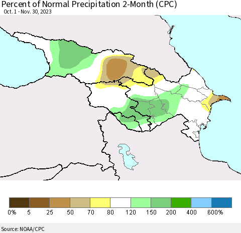 Azerbaijan, Armenia and Georgia Percent of Normal Precipitation 2-Month (CPC) Thematic Map For 10/1/2023 - 11/30/2023