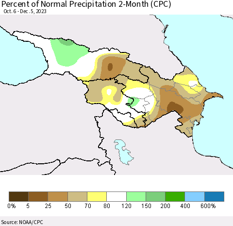 Azerbaijan, Armenia and Georgia Percent of Normal Precipitation 2-Month (CPC) Thematic Map For 10/6/2023 - 12/5/2023