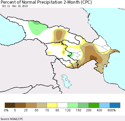 Azerbaijan, Armenia and Georgia Percent of Normal Precipitation 2-Month (CPC) Thematic Map For 10/11/2023 - 12/10/2023