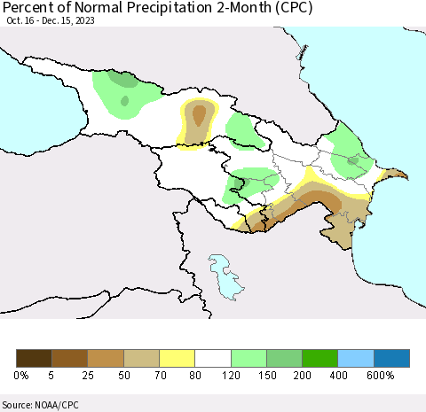 Azerbaijan, Armenia and Georgia Percent of Normal Precipitation 2-Month (CPC) Thematic Map For 10/16/2023 - 12/15/2023