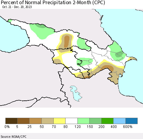 Azerbaijan, Armenia and Georgia Percent of Normal Precipitation 2-Month (CPC) Thematic Map For 10/21/2023 - 12/20/2023