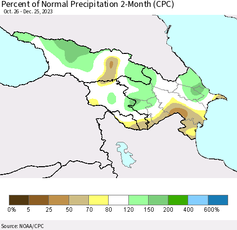 Azerbaijan, Armenia and Georgia Percent of Normal Precipitation 2-Month (CPC) Thematic Map For 10/26/2023 - 12/25/2023