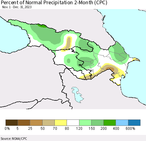 Azerbaijan, Armenia and Georgia Percent of Normal Precipitation 2-Month (CPC) Thematic Map For 11/1/2023 - 12/31/2023