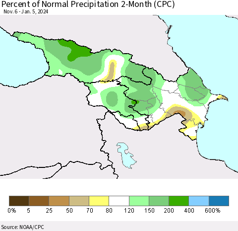 Azerbaijan, Armenia and Georgia Percent of Normal Precipitation 2-Month (CPC) Thematic Map For 11/6/2023 - 1/5/2024