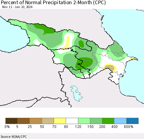 Azerbaijan, Armenia and Georgia Percent of Normal Precipitation 2-Month (CPC) Thematic Map For 11/11/2023 - 1/10/2024