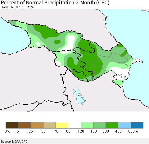 Azerbaijan, Armenia and Georgia Percent of Normal Precipitation 2-Month (CPC) Thematic Map For 11/16/2023 - 1/15/2024