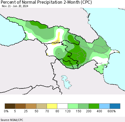 Azerbaijan, Armenia and Georgia Percent of Normal Precipitation 2-Month (CPC) Thematic Map For 11/21/2023 - 1/20/2024