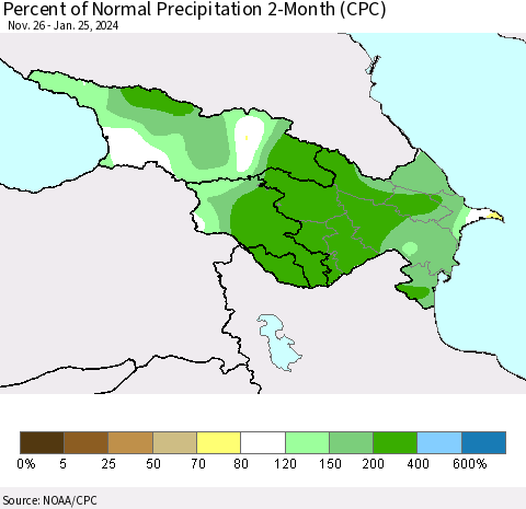 Azerbaijan, Armenia and Georgia Percent of Normal Precipitation 2-Month (CPC) Thematic Map For 11/26/2023 - 1/25/2024