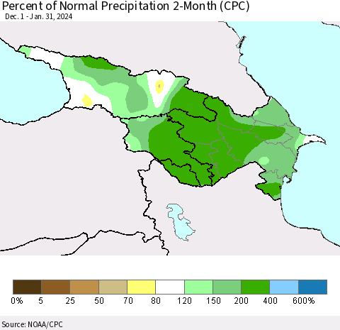 Azerbaijan, Armenia and Georgia Percent of Normal Precipitation 2-Month (CPC) Thematic Map For 12/1/2023 - 1/31/2024