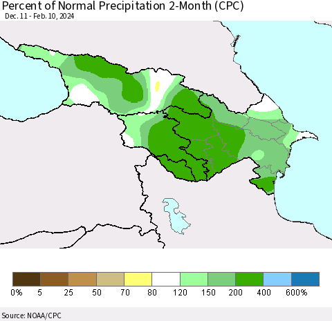 Azerbaijan, Armenia and Georgia Percent of Normal Precipitation 2-Month (CPC) Thematic Map For 12/11/2023 - 2/10/2024