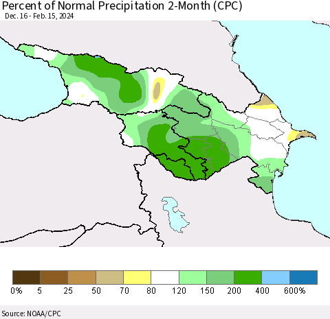 Azerbaijan, Armenia and Georgia Percent of Normal Precipitation 2-Month (CPC) Thematic Map For 12/16/2023 - 2/15/2024