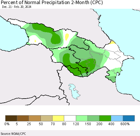 Azerbaijan, Armenia and Georgia Percent of Normal Precipitation 2-Month (CPC) Thematic Map For 12/21/2023 - 2/20/2024