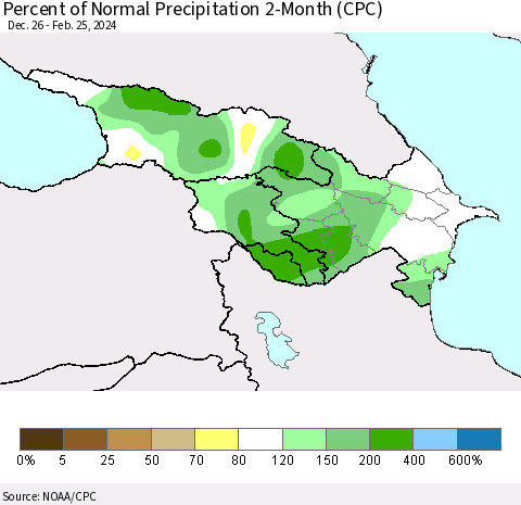 Azerbaijan, Armenia and Georgia Percent of Normal Precipitation 2-Month (CPC) Thematic Map For 12/26/2023 - 2/25/2024