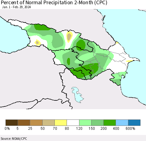 Azerbaijan, Armenia and Georgia Percent of Normal Precipitation 2-Month (CPC) Thematic Map For 1/1/2024 - 2/29/2024
