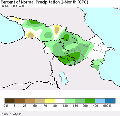 Azerbaijan, Armenia and Georgia Percent of Normal Precipitation 2-Month (CPC) Thematic Map For 1/6/2024 - 3/5/2024