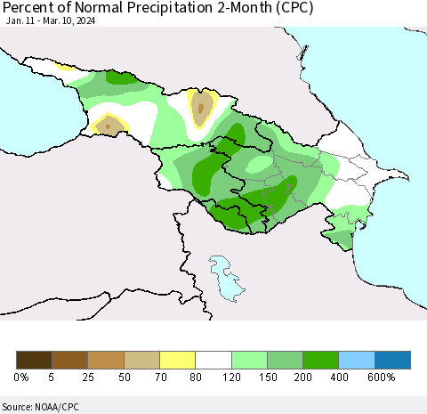 Azerbaijan, Armenia and Georgia Percent of Normal Precipitation 2-Month (CPC) Thematic Map For 1/11/2024 - 3/10/2024