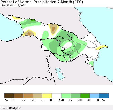 Azerbaijan, Armenia and Georgia Percent of Normal Precipitation 2-Month (CPC) Thematic Map For 1/16/2024 - 3/15/2024