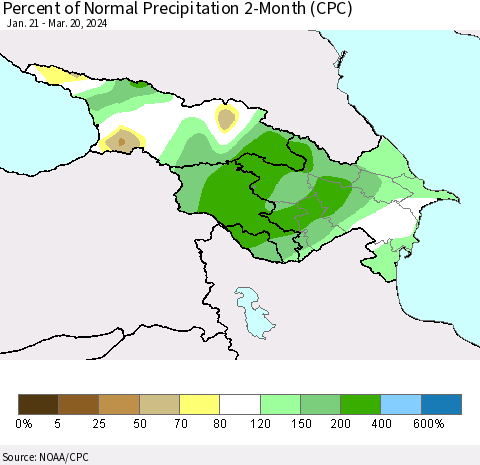 Azerbaijan, Armenia and Georgia Percent of Normal Precipitation 2-Month (CPC) Thematic Map For 1/21/2024 - 3/20/2024