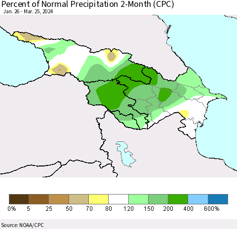 Azerbaijan, Armenia and Georgia Percent of Normal Precipitation 2-Month (CPC) Thematic Map For 1/26/2024 - 3/25/2024