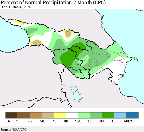 Azerbaijan, Armenia and Georgia Percent of Normal Precipitation 2-Month (CPC) Thematic Map For 2/1/2024 - 3/31/2024